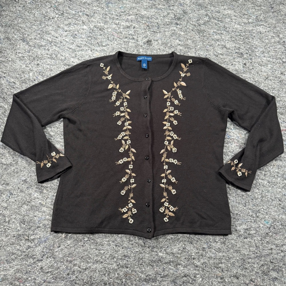 Karen Scott Brown Embroidered Cardigan Sweater Womens Large Floral Button Front
